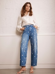 Mint Velvet Blue 100% Cotton Embroidered Floral Relaxed Jeans - Image 5 of 8