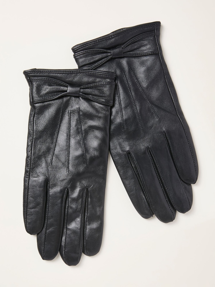 FatFace Black Leather Bow Gloves - Image 1 of 2 FatFace Black Leather Bow Gloves - Image 1 of 2