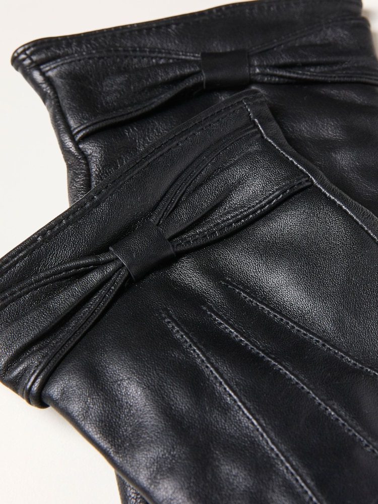 FatFace Black Leather Bow Gloves - Image 2 of 2 FatFace Black Leather Bow Gloves - Image 2 of 2