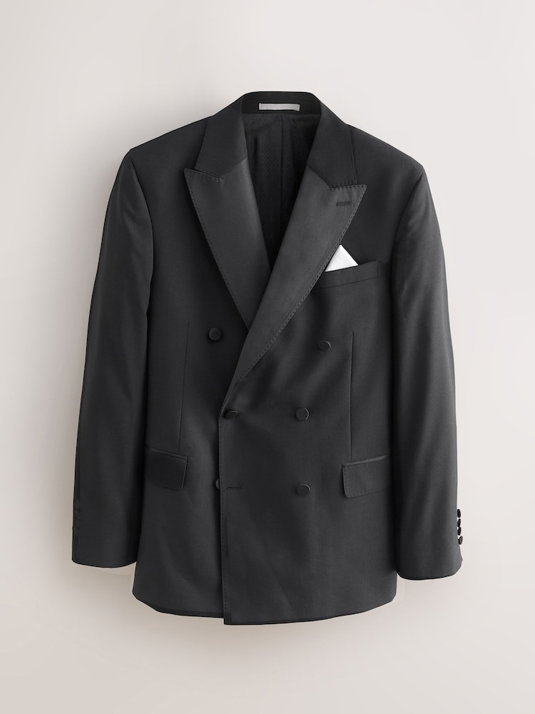 Black Regular Fit Signature Nova Fides 100% Italian Wool Double Breasted Tuxedo Suit Jacket - Image 10 of 10