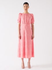 LK Bennett Pink Pearl Desert Rose Viscose Blend Metallic Rose Puff Sleeve Dress - Image 1 of 3