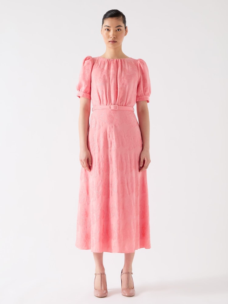 LK Bennett Pink Pearl Desert Rose Viscose Blend Metallic Rose Puff Sleeve Dress - Image 1 of 3