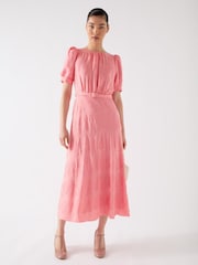 LK Bennett Pink Pearl Desert Rose Viscose Blend Metallic Rose Puff Sleeve Dress - Image 3 of 3