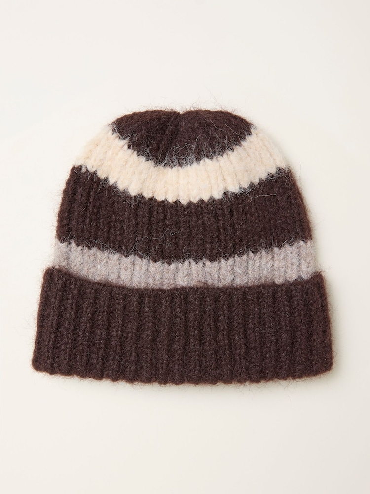 FatFace Chocolate Brown Stripe Beanie - Image 1 of 2 FatFace Chocolate Brown Stripe Beanie - Image 1 of 2