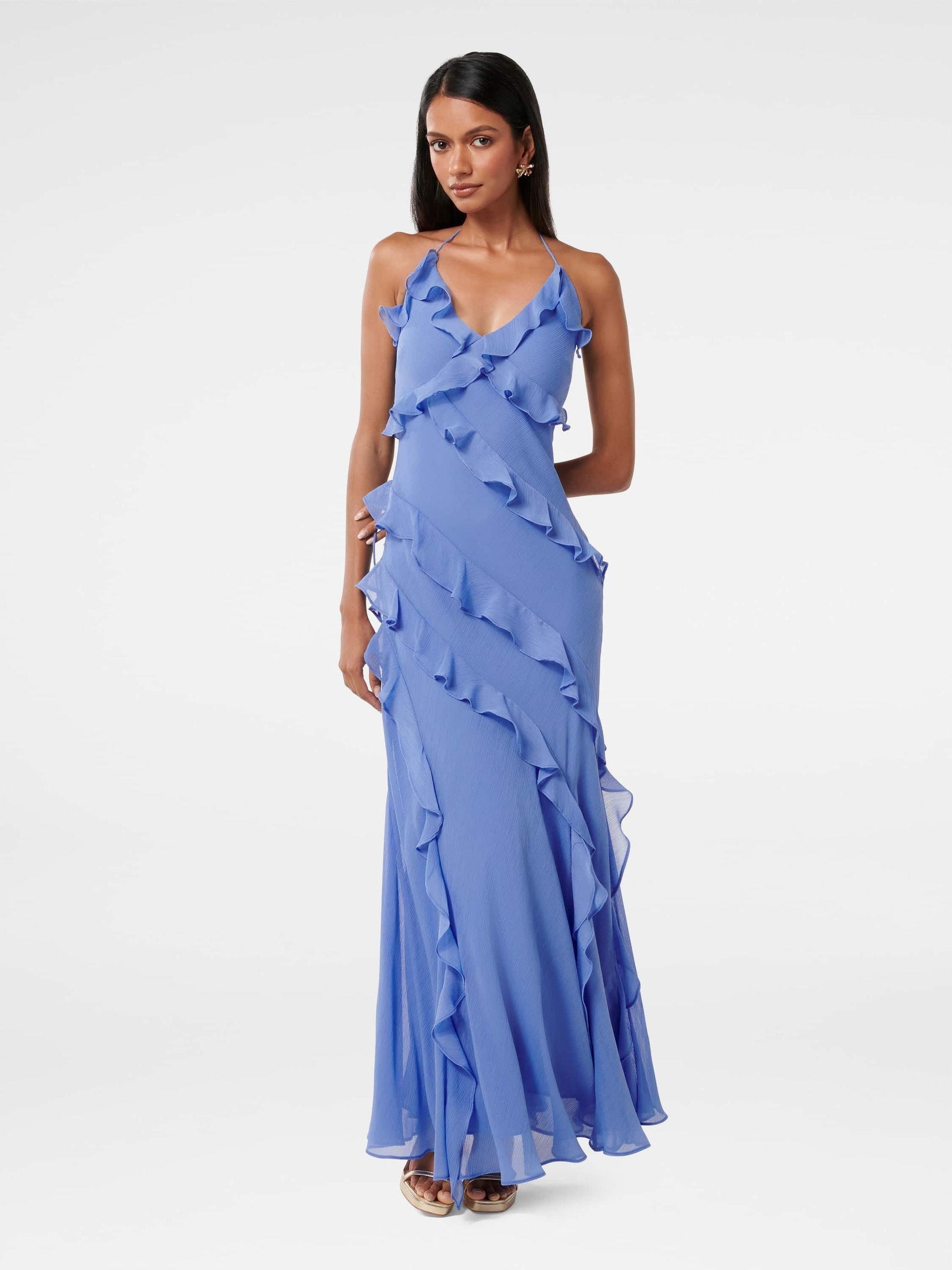 Buy Forever New Blue Kimberley Petite Low Back Ruffle Dress from the ...