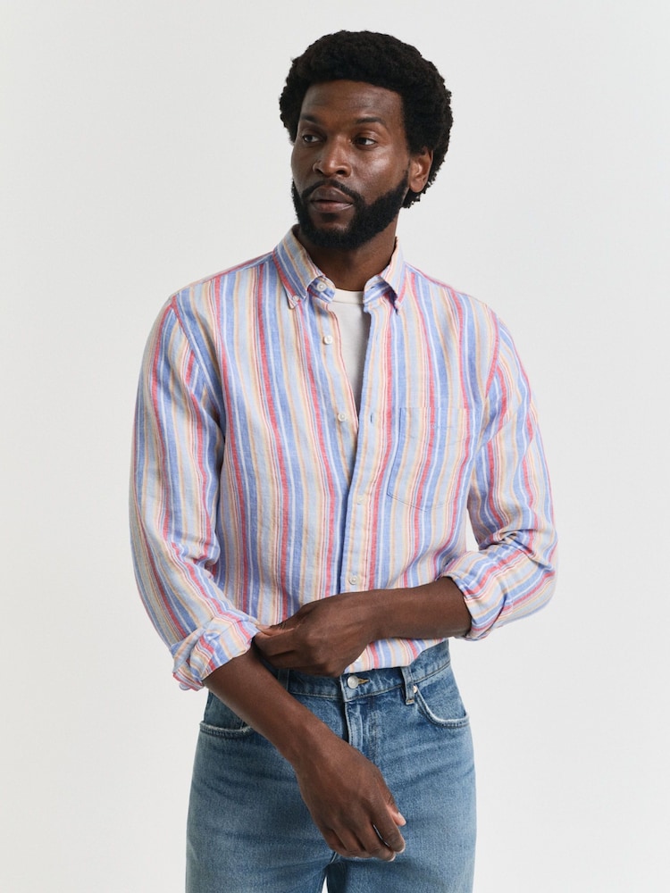 GANT Blue Regular Fit 100% Linen Multistripe Shirt - Image 1 of 7 GANT Blue Regular Fit 100% Linen Multistripe Shirt - Image 1 of 7