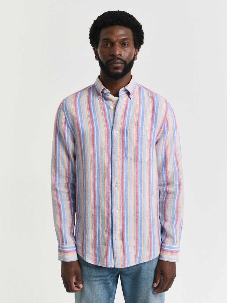 GANT Blue Regular Fit 100% Linen Multistripe Shirt - Image 2 of 7 GANT Blue Regular Fit 100% Linen Multistripe Shirt - Image 2 of 7