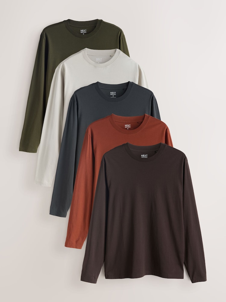 Slate/Green/Ecru/Orange/Brown Regular Fit Regular Fit Long Sleeve 100% Cotton T-Shirts 5 Pack - Image 1 of 13 Slate/Green/Ecru/Orange/Brown Regular Fit Regular Fit Long Sleeve 100% Cotton T-Shirts 5 Pack - Image 1 of 13