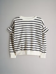 The Set Stripe/Cream/Navy Blue 3 Pack Frill Crew Neck, Sweat Dress & Cuffed Joggers Set - Image 3 of 6