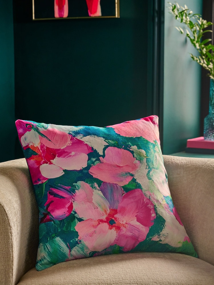 Pink Abstract Velvet Floral Print Cushion - Image 1 of 5