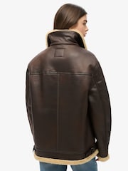 Superdry Brown Oversized Faux Fur Shearling Aviator Jacket - Image 2 of 3