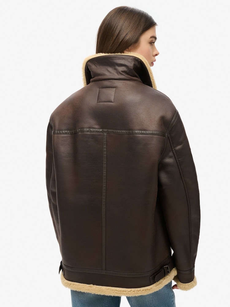 Superdry Brown Oversized Faux Fur Shearling Aviator Jacket - Image 2 of 3