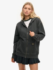 Superdry Black Oversized Contrast Stitch Zip 100% Cotton Hoodie - Image 2 of 6