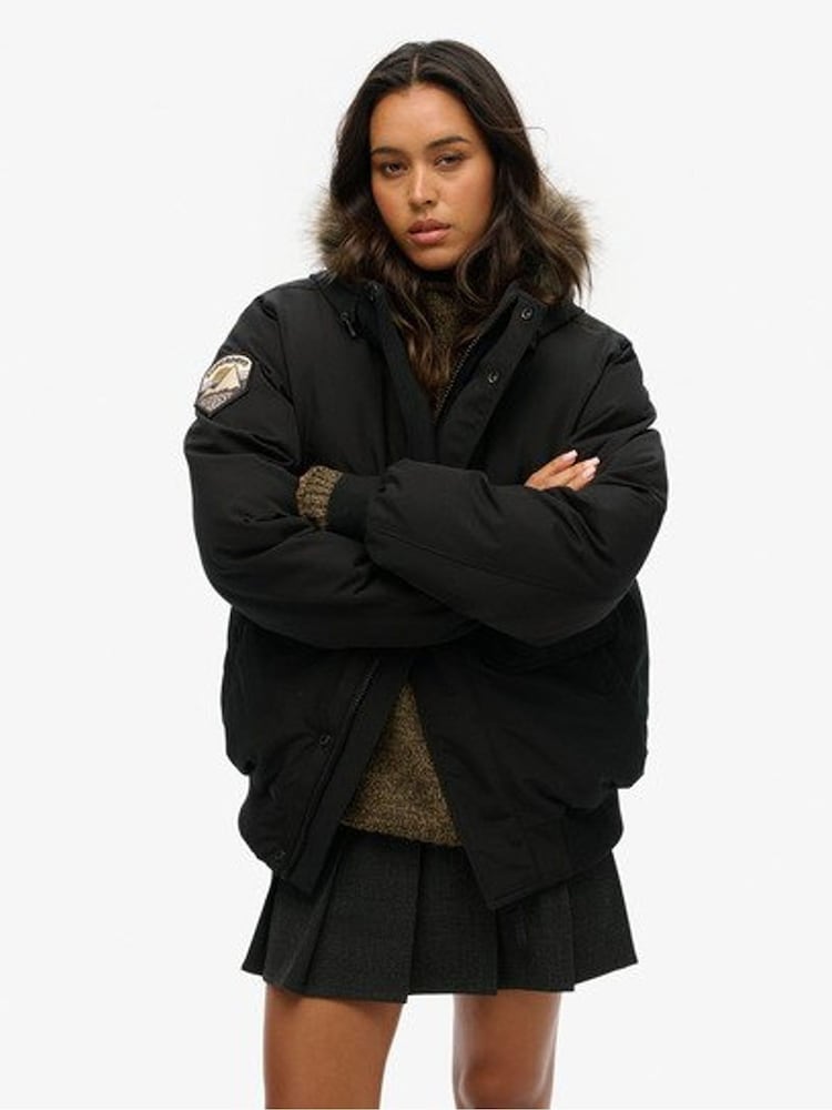 Superdry Black Oversized Everest Faux Fur Bomber Jacket - Image 1 of 2
