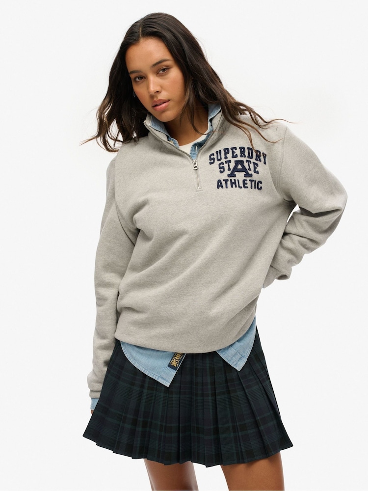 Superdry Grey Oversized 100% Cotton Vintage Athletic Zip Henley Jumper - Image 1 of 4