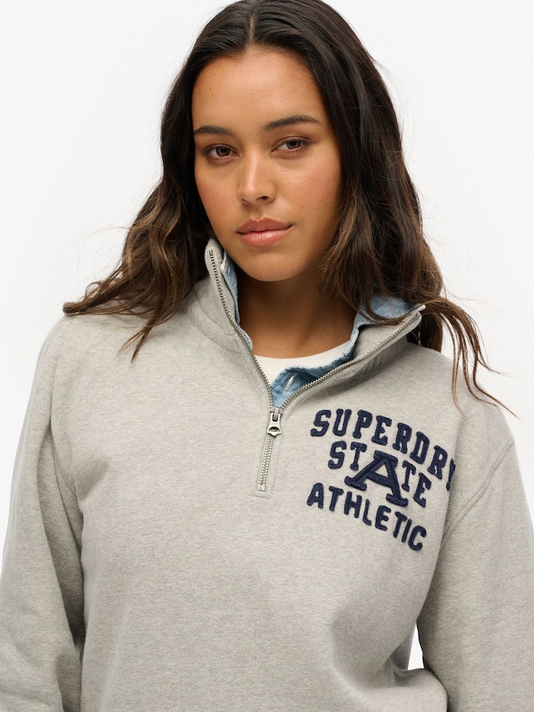 Superdry Grey Oversized 100% Cotton Vintage Athletic Zip Henley Jumper - Image 4 of 4