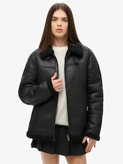 Superdry Black Oversized Faux Fur Shearling Aviator Jacket - Image 1 of 3