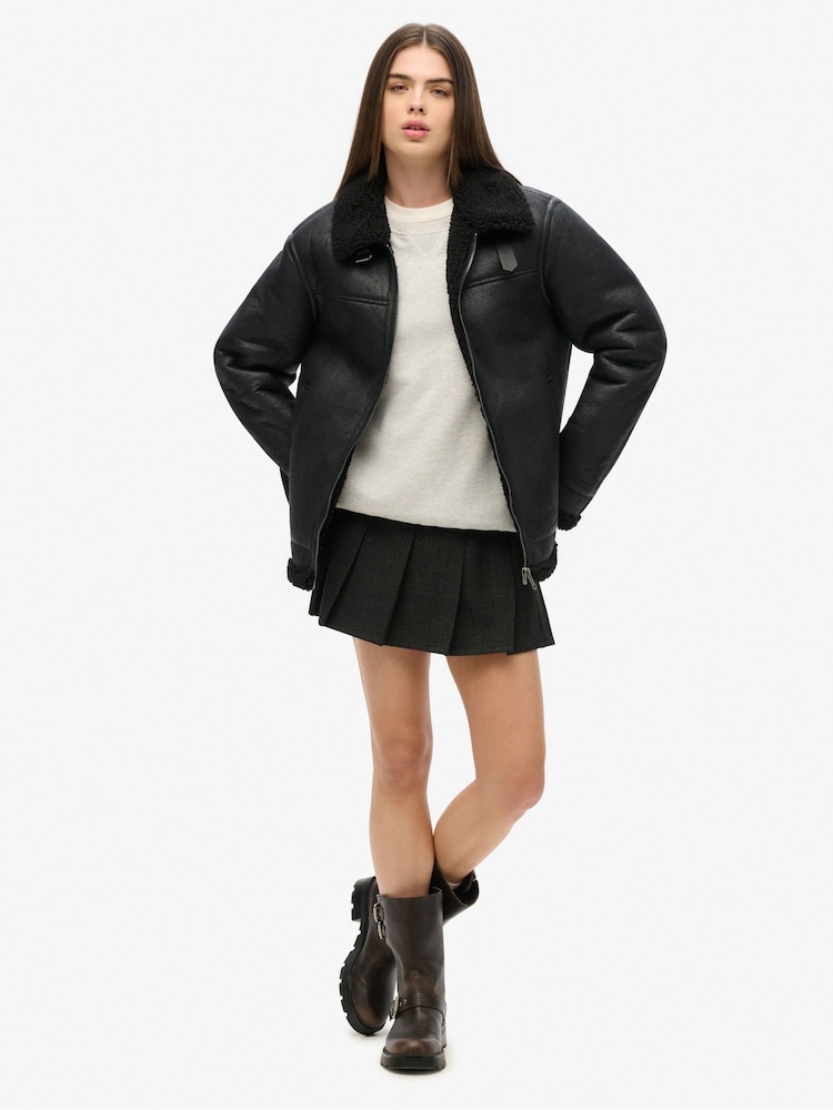 Superdry Black Oversized Faux Fur Shearling Aviator Jacket - Image 2 of 3