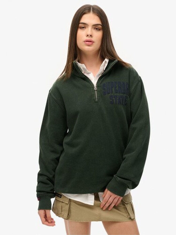 Superdry Black Oversized 100% Cotton Vintage Athletic Zip Henley Jumper - Image 1 of 2 Superdry Black Oversized 100% Cotton Vintage Athletic Zip Henley Jumper - Image 1 of 2