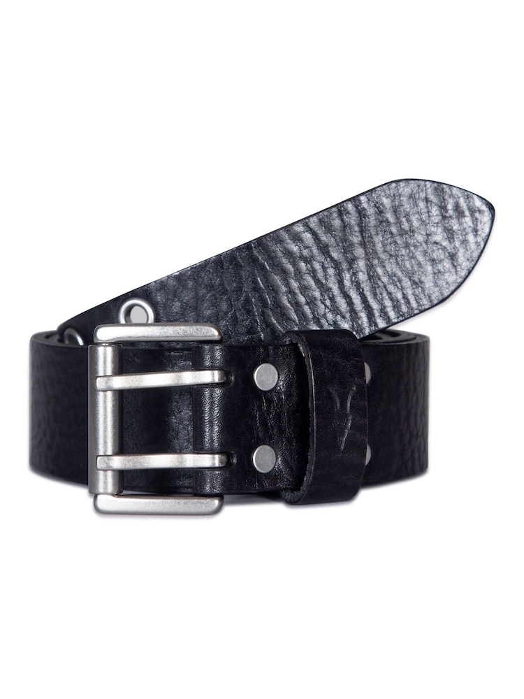 AllSaints Black 38 MM Distredded Leather Eyelet Belt - Image 1 of 3