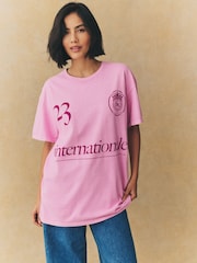 Pink Sporty Football Inspired Graphic Short Sleeve Crew Neck 100% Cotton T-Shirt - Image 1 of 8