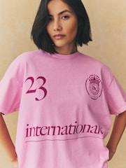 Pink Sporty Football Inspired Graphic Short Sleeve Crew Neck 100% Cotton T-Shirt - Image 5 of 8