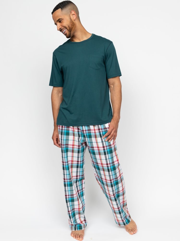 Cyberjammies Green Check Pyjama Bottoms and Solid Jersey T-Shirt - Image 1 of 3