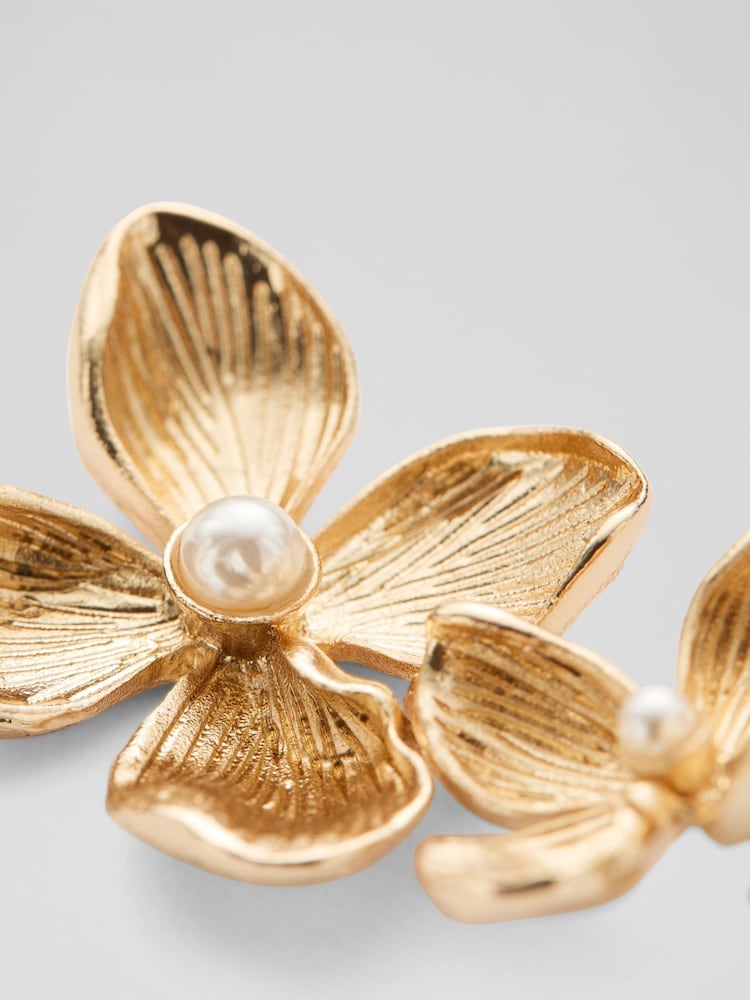 LK Bennett Natural Blossom Pearl & Gold Double Flower Studs - Image 2 of 2