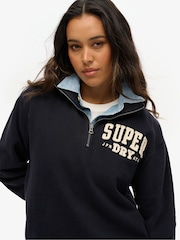 Superdry Blue Oversized 100% Cotton Vintage Athletic Zip Henley Jumper - Image 3 of 4