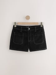 Black Flocked Patch Pocket Mini Denim Shorts - Image 5 of 6