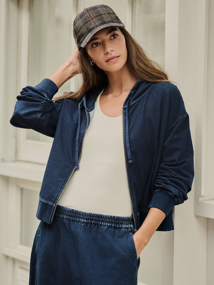 Dark Blue Denim Jersey Zip Through Hoodie - Image 1 of 5 Dark Blue Denim Jersey Zip Through Hoodie - Image 1 of 5