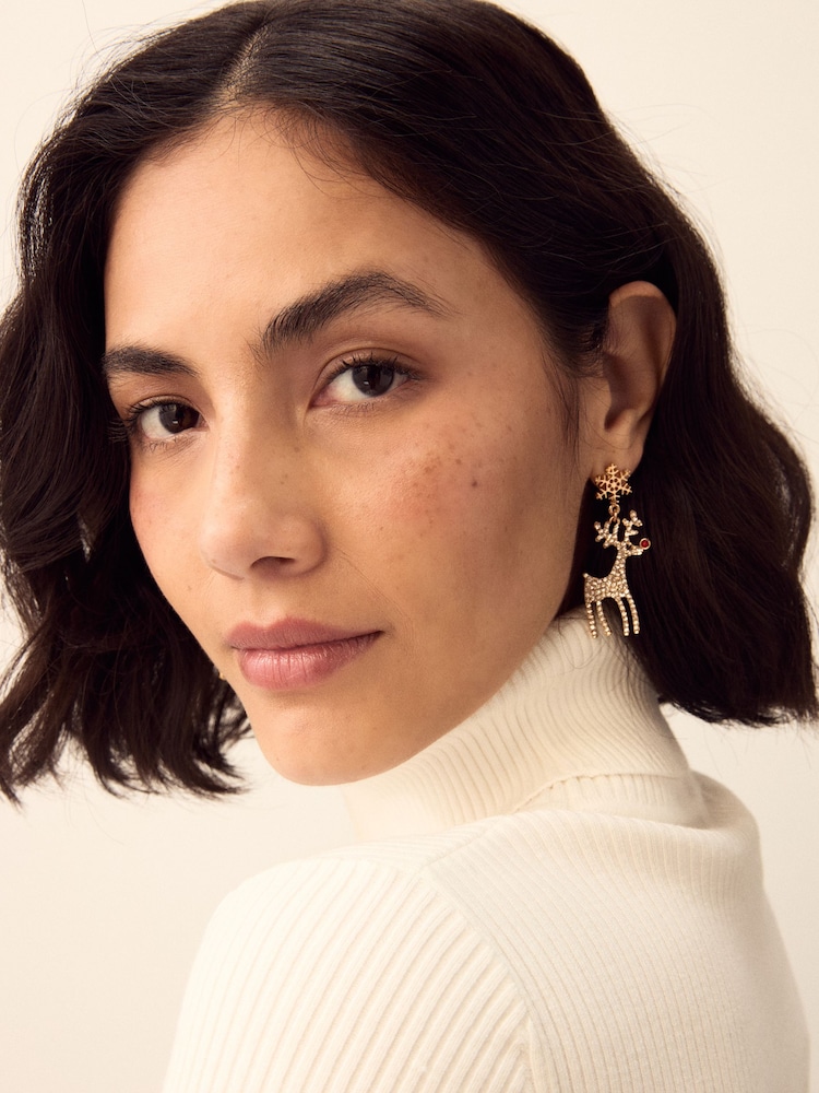 Gold Tone Christmas Reindeer Earrings - Image 2 of 7