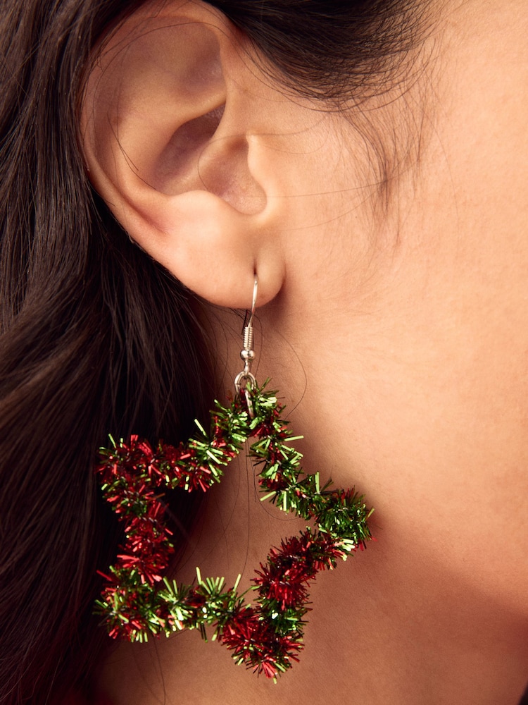Red/Green Christmas Tinsel Star Earrings - Image 1 of 6