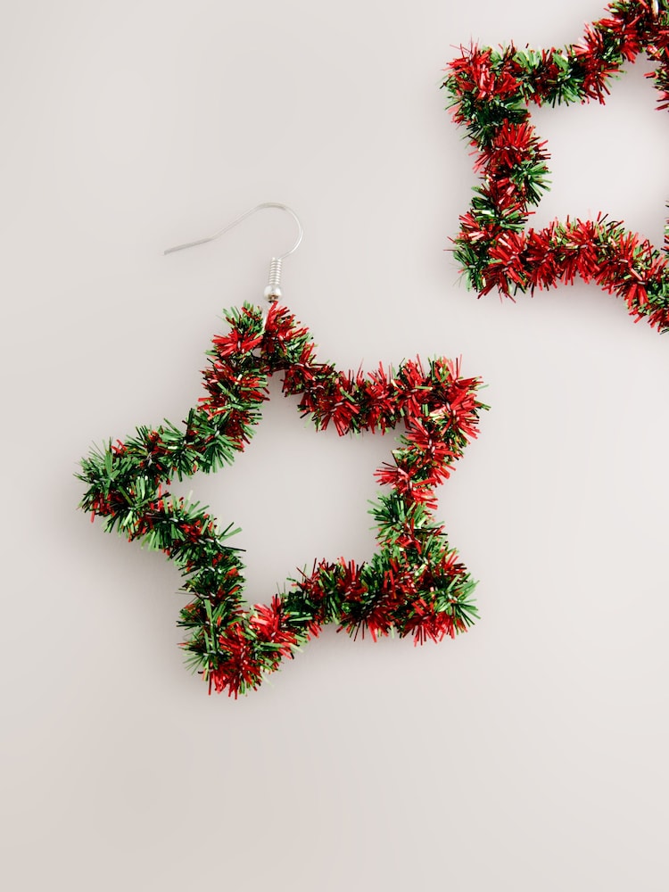 Red/Green Christmas Tinsel Star Earrings - Image 6 of 6