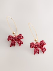 Red Christmas Sparkle Bow Pull Through Earrings - Image 1 of 3