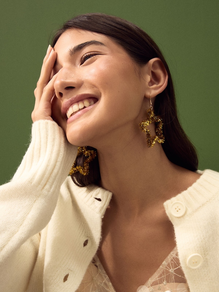 Gold Tone Christmas Tinsel Star Earrings - Image 1 of 4