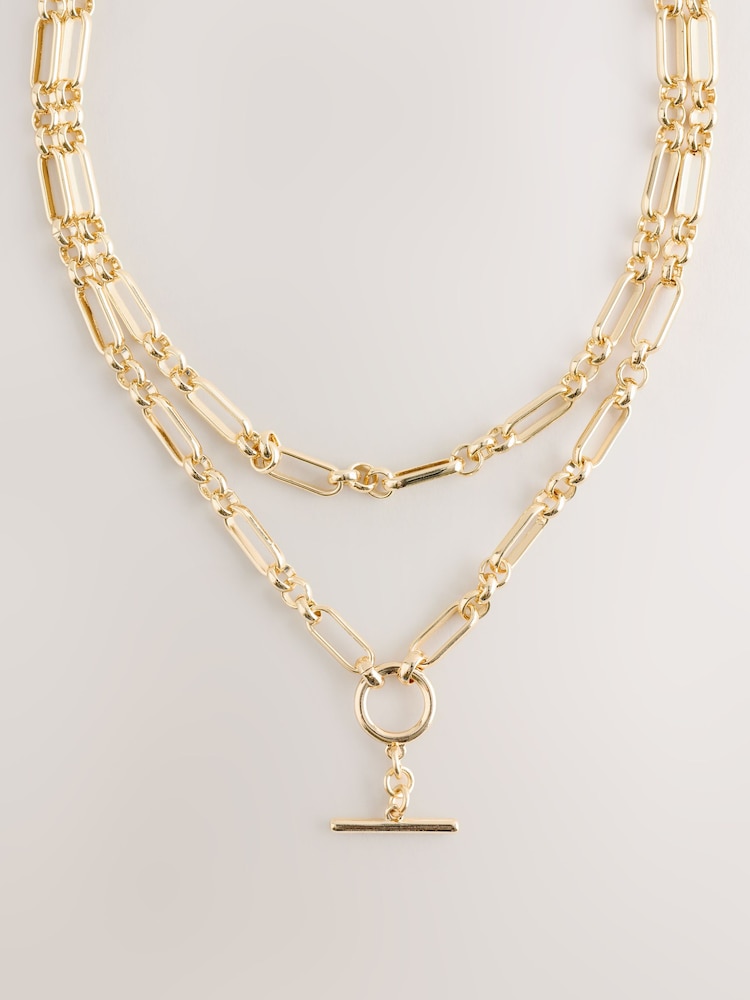 Gold Tone Layered T-Bar Chain Necklace - Image 1 of 6 Gold Tone Layered T-Bar Chain Necklace - Image 1 of 6
