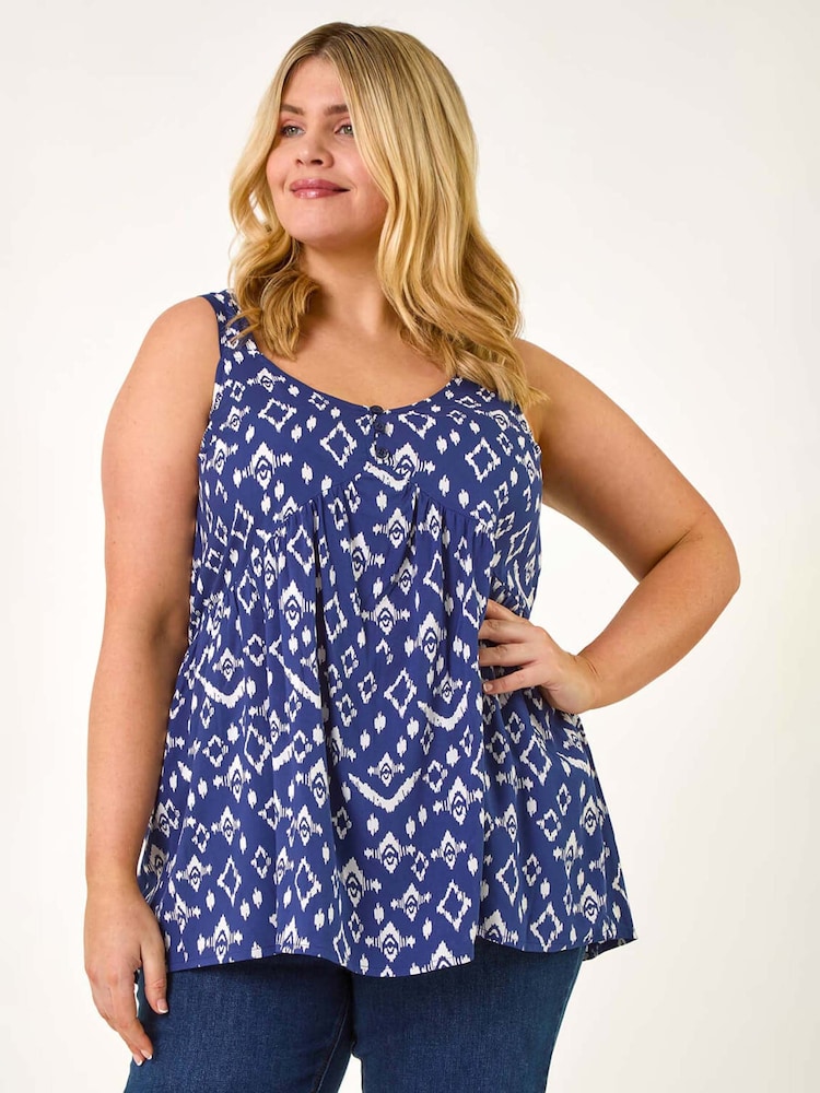 Roman Blue Curve Ikat Print Woven Vest Top - Image 1 of 5