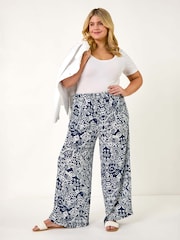 Roman Blue Curve Ikat Print Wide Leg Trousers - Image 1 of 5