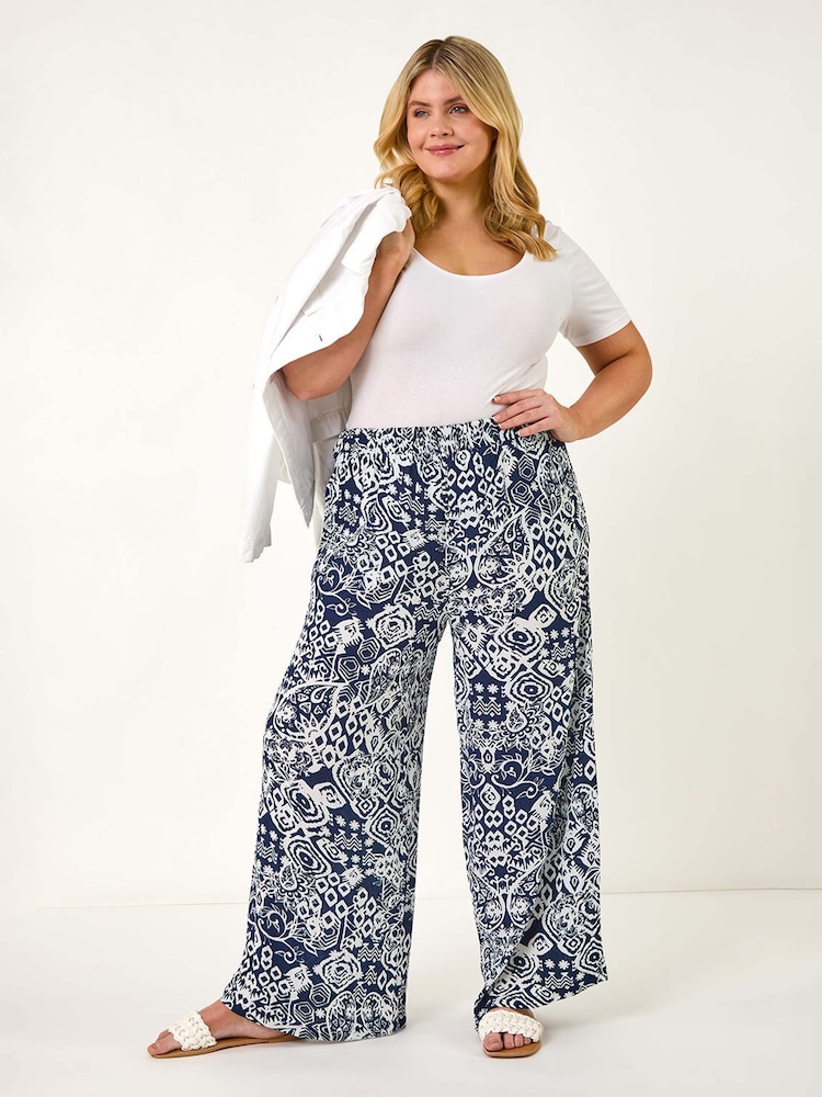 Roman Blue Curve Ikat Print Wide Leg Trousers - Image 1 of 5 Roman Blue Curve Ikat Print Wide Leg Trousers - Image 1 of 5
