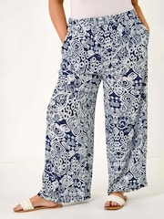 Roman Blue Curve Ikat Print Wide Leg Trousers - Image 4 of 5
