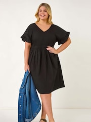 Roman Black Curve 100% Cotton V-Neck Frill Dress - Image 2 of 5