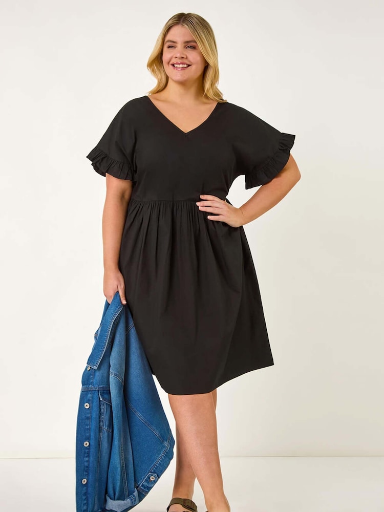 Roman Black Curve 100% Cotton V-Neck Frill Dress - Image 2 of 5
