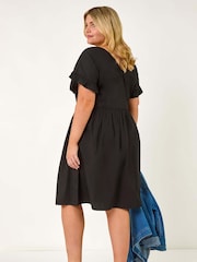 Roman Black Curve 100% Cotton V-Neck Frill Dress - Image 3 of 5