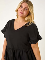 Roman Black Curve 100% Cotton V-Neck Frill Dress - Image 4 of 5
