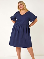 Roman Blue Curve 100% Cotton V-Neck Frill Dress - Image 1 of 5