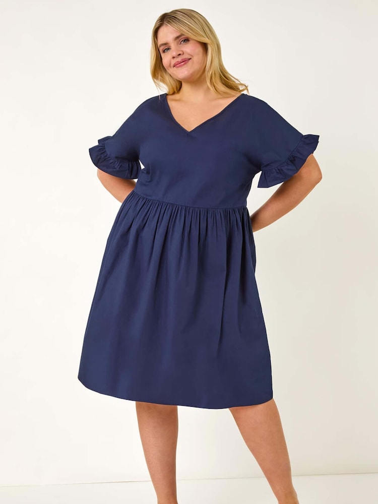 Roman Blue Curve 100% Cotton V-Neck Frill Dress - Image 1 of 5
