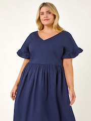 Roman Blue Curve 100% Cotton V-Neck Frill Dress - Image 2 of 5