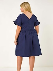 Roman Blue Curve 100% Cotton V-Neck Frill Dress - Image 3 of 5