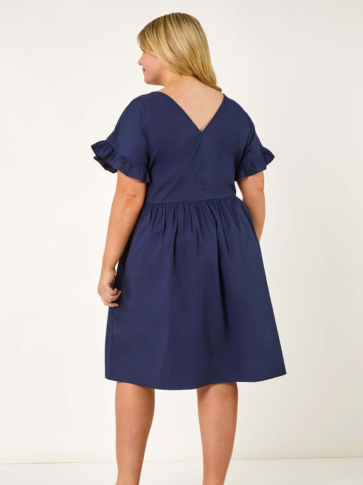 Roman Blue Curve 100% Cotton V-Neck Frill Dress - Image 3 of 5